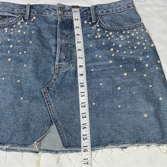 GRLFRND Milla Crystal Pearl Embellished Raw Hem Mini Denim Skirt Blue Solstice M - Picture 14 of 16